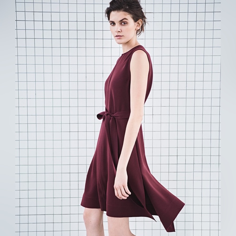 Theory Desza Admiral Crepe Black Asymmetrical Hem Belted Dress Sz 6